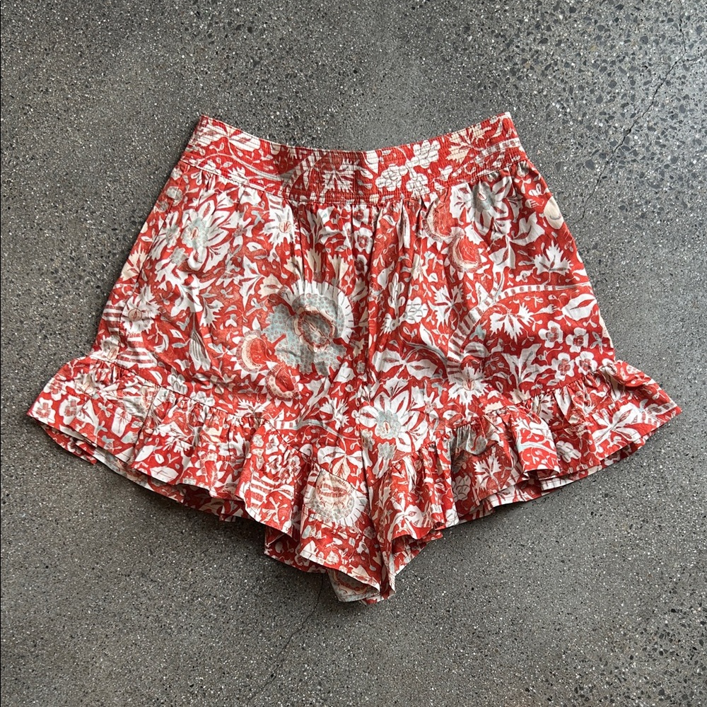 Ulla Johnson Red Floral Ruffle-Hem Shorts